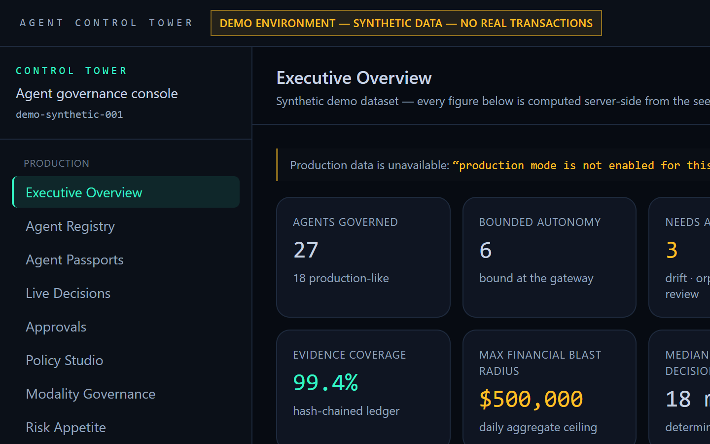 Agent Control Tower executive overview: 27 agents governed, 1,849 autonomous actions, 29 policy blocks, 18 ms median decision